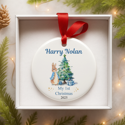 Personalised First Xmas Baby Blue Bunny - 1st Xmas Ornament Boy - 1st Xmas Bauble - Babies 1st Xmas Tree Decoration