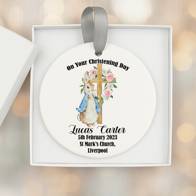 Personalised Christening or Baptism Bauble Hanger Gift Box for Boys – Custom Bunny Theme Christening Memento Keepsake