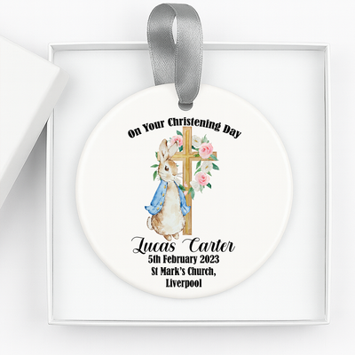 Personalised Christening or Baptism Bauble Hanger Gift Box for Boys – Custom Bunny Theme Christening Memento Keepsake