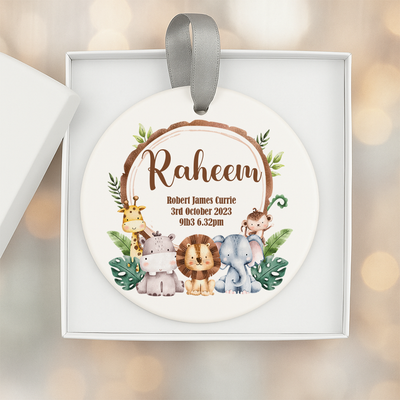 Personalised Christening or Baptism Bauble Hanger – Jungle Theme Momento – Custom Gift Box for Baby Boys & Girls  Unique Keepsake Decoration for Naming Day, Babies, Children and Newborns