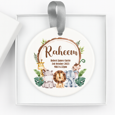 Personalised Christening or Baptism Bauble Hanger – Jungle Theme Momento – Custom Gift Box for Baby Boys & Girls  Unique Keepsake Decoration for Naming Day, Babies, Children and Newborns