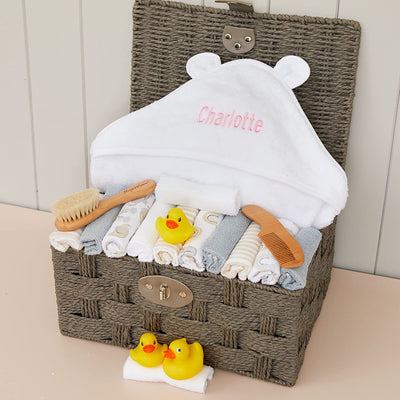 Personalised Baby Bath Box Gift Set Personalised Baby Towel, 12 Wash Cloths, Wooden Hairbrush Set Duck Bath Toys Boy Girl Newborn New Baby Gift Present Grooming Essentials Hamper - Hoolaroo