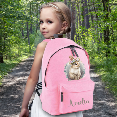 Personalised Bunny Backpack for Girls Pink Large 18L Kids Rucksack School Bag for Age 6 7 8 9 10 Customisable Children's Pack Name 42x31x21cm - Hoolaroo