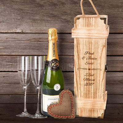 Personalised Champagne Box Personalised Wedding Gift Engagement Anniversary Custom Wine Wooden Gift Box Date Night Box Hamper Valentines Day Present Engraved Couple - Hoolaroo