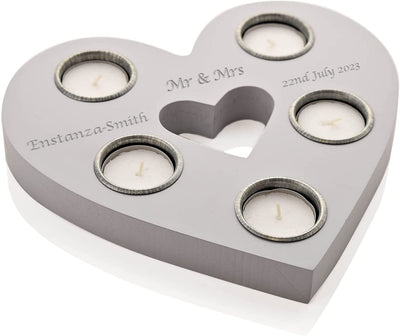 Personalised Heart Shaped Tea Light Holder Candle - Engraved Wedding Day & 1st - Custom Couple Present - Table Centrepiece Decor 20cm - Hoolaroo