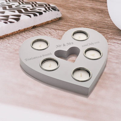 Personalised Heart Shaped Tea Light Holder Candle - Engraved Wedding Day & 1st - Custom Couple Present - Table Centrepiece Decor 20cm - Hoolaroo