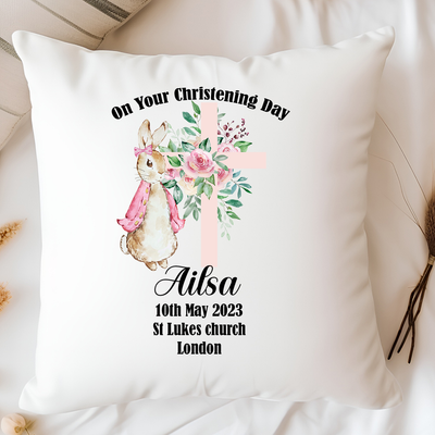 Personalised Christening Cushion – Pink Bunny Baptism Keepsake Cushion 40cm – Custom Christening Gift for Baby Girl, Granddaughter Gift, Baptism Cushion, Naming Day Gift, Nursery Decor