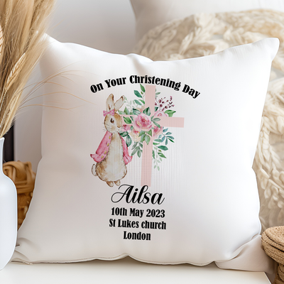 Personalised Christening Cushion – Pink Bunny Baptism Keepsake Cushion 40cm – Custom Christening Gift for Baby Girl, Granddaughter Gift, Baptism Cushion, Naming Day Gift, Nursery Decor