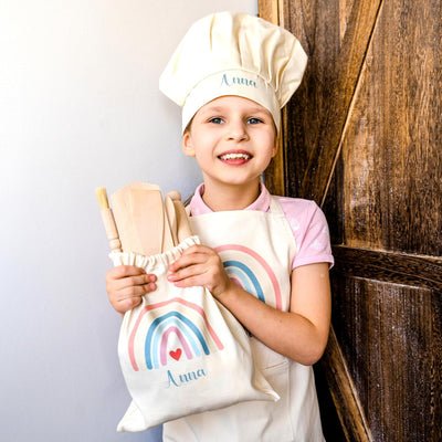 Personalised Kids Apron Set with Wooden Rainbow Gift - Perfect Baking Gift for Girls Age 3-7 - Hoolaroo Kids Cooking Utensils Kit in Pink - Hoolaroo
