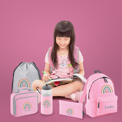Personalised Girls Boho Rainbow Design, Custom Name BackPack for Kids, Water Bottle, PE, Gym Bag Box for Girls , Large Capacity Insulated Lunch Bag, Pencil Case - Hoolaroo
