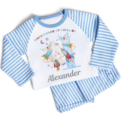 Personalised Birthday Pyjamas for Boy - Blue Stripe Space Design - When I wake Up I Will Be 1 2 3 4 5 - PJs