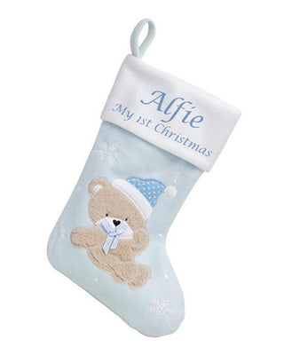Personalised Christmas Stocking Baby Teddy - Blue, Grey, or Pink - My 1st Christmas - Hoolaroo