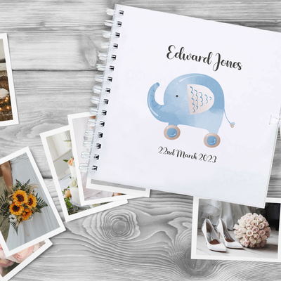 Personalised Baby Boy Blue Elephant DIY Handmade Scrapbook Album for First Year Memories Gift - White Photo Album Scrap Book Newborn 20cm - Hoolaroo