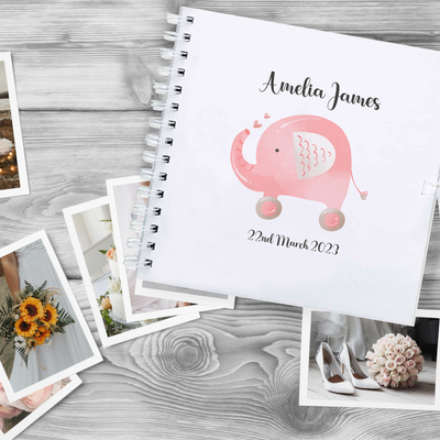 Personalised Baby Girl Pink Elephant DIY Handmade Scrapbook Album for First Year Memories Gift - White Photo Album Scrap Book Newborn 20cm - Hoolaroo