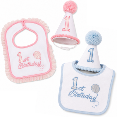 1st Birthday Party Hat and Bib Set – Blue/Pink