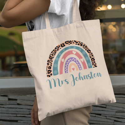 Women's Personalised Tote Bag Teacher & Pupil Gift End of Term Rainbow Art Design Learning Assistant Thoughtful Nursery Thank You Natural Cotton - Hoolaroo