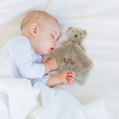 Personalised Teddy Bear Comforter Toy + Baby Blanket Gift Set for Newborns, Boys and Girls Shower Christening Includes Customised Gift Bag - Hoolaroo