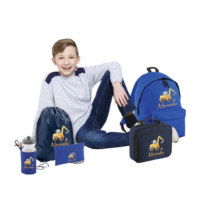 Personalised Boys Tractor Digger Back To School Set with Custom Name BackPack, Water Bottle, PE, Lunch Bag and Pencil Case Toddler Nursery - Hoolaroo