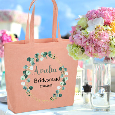 Personalised Bride Large Peach Beach Bag Bridesmaid Bridal Party Shopping Bag Hen Party Gifts Present Eucalyptus Bridal Party - Hoolaroo