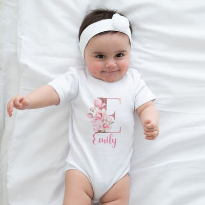 Personalised Baby Grow 0-3 Months Pink Floral Letter Name Newborn Gift Baby Shower Bodysuit Present Bib Girl Baby Vest - Hoolaroo