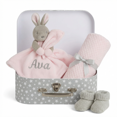 Hoolaroo Personalised Baby Girl Gift New Born Baby Comforter Pink Elephant In Suitcase Gift Box With Wooden Milestone Card Newborn Present First Soft Toy Unique Pink Keepsake Shower Bunny