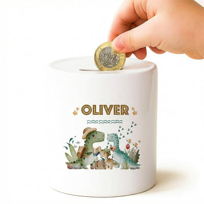 Personalised Money Bank Boys Dinosaur, Kids Money Box Customised Gift Baby Child Birthday