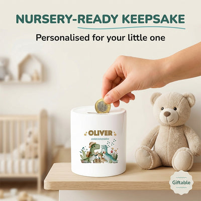 Personalised Money Bank Boys Dinosaur, Kids Money Box Customised Gift Baby Child Birthday