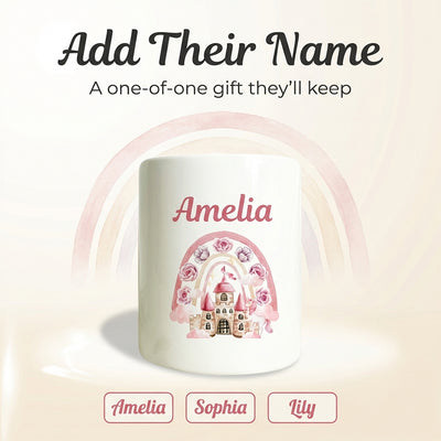Personalised Money Bank Girls Unicorn Castle, Kids Money Box Customised Gift Baby Child Birthday