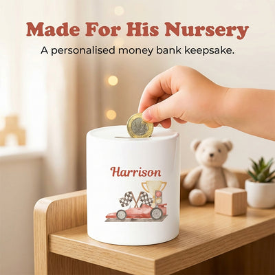 Personalised Money Bank Boys Racing Car, Kids Money Box Customised Gift Baby Child