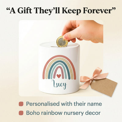Personalised Money Bank Boho Rainbow Design – Kids Money Box Customised Gift for Baby or Child – Unique Girls or Boys Nursery Keepsake