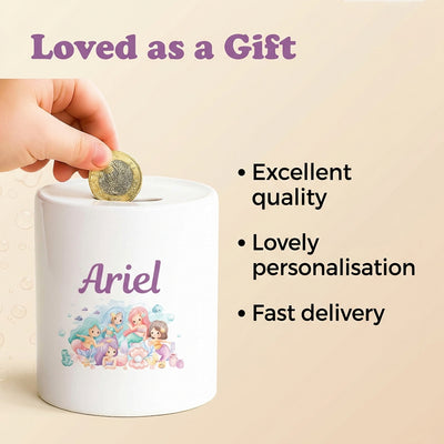 Personalised Money Bank Girls Mermaid Under The Sea, Kids Money Box Customised Gift Baby Child