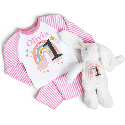 Personalised Birthday Gift Pink Rainbow Pyjamas + Bunny Teddy Bear Gift Set Present For Girl Age 1 2 3 4 5