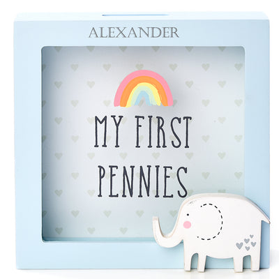 Personalised Money Box Frame Blue My First Pennies1st Piggy Bank Wooden Gift for Baby Boy - Hoolaroo