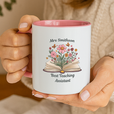 Personalised Teacher Mug – Custom Name Teacher Gift with Flower Print – Unique Pupil Present for Tutor, Assistant or Leaving, End of Term & Year, Thank You Keepsake