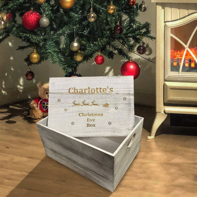 Wooden Christmas Eve Box Personalised Engraved Large Sleigh Crate Box 30cm - Hoolaroo