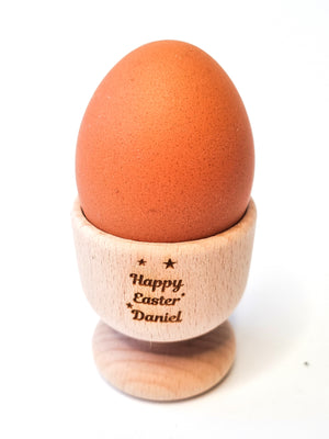 Personalised Egg Cups - x2 Pack - Wooden Easter Egg Holder Personalised Easter Gifts Engraved Boiled - Hoolaroo