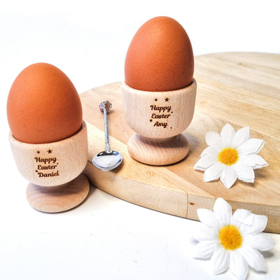 Personalised Egg Cups - x2 Pack - Wooden Easter Egg Holder Personalised Easter Gifts Engraved Boiled - Hoolaroo