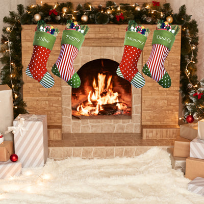Personalised Christmas Stocking Red / Green Spot Stripe Candy Elf Xmas - Hoolaroo