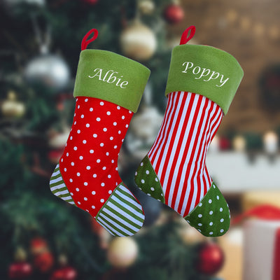 Personalised Christmas Stocking Red / Green Spot Stripe Candy Elf Xmas - Hoolaroo