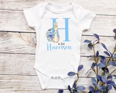 Personalised Blue Bunny Rabbit Baby Grow - Newborn Baby Boy Gift with Name, Babygrow Vest Romper - Hoolaroo