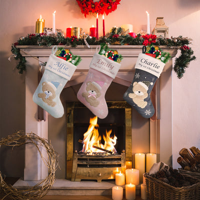 Personalised Christmas Stocking Baby Teddy - Blue, Grey, or Pink - My 1st Christmas - Hoolaroo