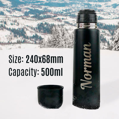 Personalised Hot Drink Flask Reusable Thermal Mug and Cup Lid - Engraved Personalised Gift - Hot Water Tea Coffee On The Go - Car Travel Mug - Black Insulated Stainless Steel Vacuum Flask - Hoolaroo