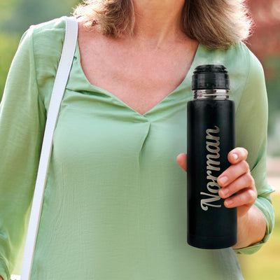 Personalised Hot Drink Flask Reusable Thermal Mug and Cup Lid - Engraved Personalised Gift - Hot Water Tea Coffee On The Go - Car Travel Mug - Black Insulated Stainless Steel Vacuum Flask - Hoolaroo