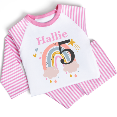 Personalised Birthday Gift Pink Rainbow Pyjamas + Bunny Teddy Bear Gift Set Present For Girl Age 1 2 3 4 5