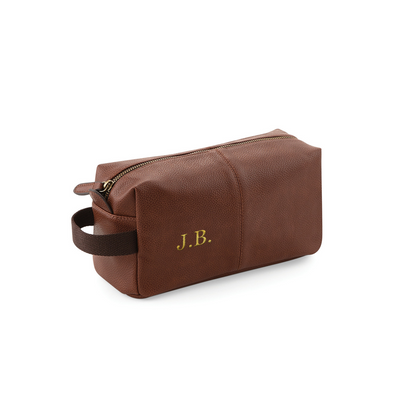 Personalised Embroidered Mens Faux Leather Wash Bag with Strap Brown - Mens Vegan Leather Toilet Bag Embroidered with Gold Initials Travel Gift Dad Fathers Day - Hoolaroo