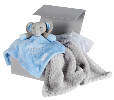 Personalised Embroidered Baby Blue Elephant Silver Blanket Gift Set - Hoolaroo