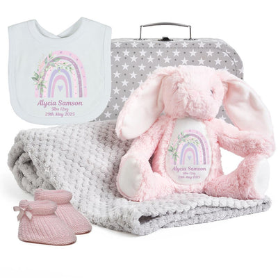 Personalised Pink Bunny Gift Set Booties, Baby Girl Blanket, Bib, Babies Newborn Gift New Present Suitcase Box Gifts Keepsake Grey Hamper
