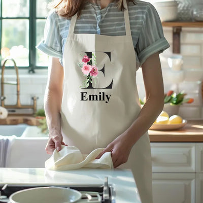 Personalised Apron For Women Baking gifts Star Cook Initials Name Utensils floral Letter Design For Ladies Mum Nan Present - Hoolaroo