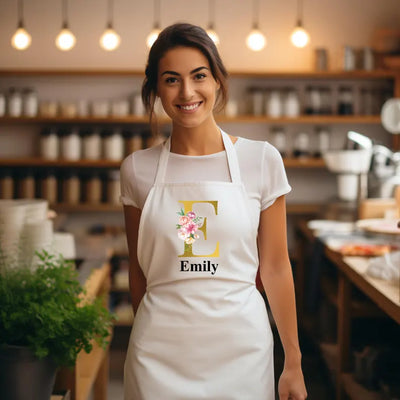 Personalised Apron For Women Baking gifts Star Cook Initials Name Utensils floral Letter Design For Ladies Mum Nan Present - Hoolaroo