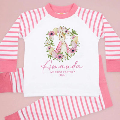 Personalised Baby Girl Pyjamas - My 1st Easter 6-12 Months Rabbit Pink Outfit Clothing Stripe PJs